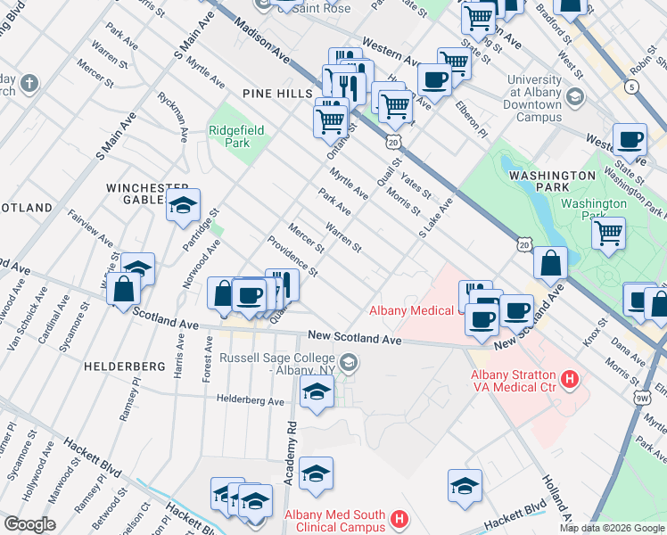 map of restaurants, bars, coffee shops, grocery stores, and more near 362 Quail Street in Albany