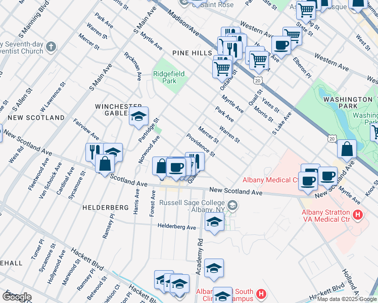 map of restaurants, bars, coffee shops, grocery stores, and more near 117 Woodlawn Avenue in Albany