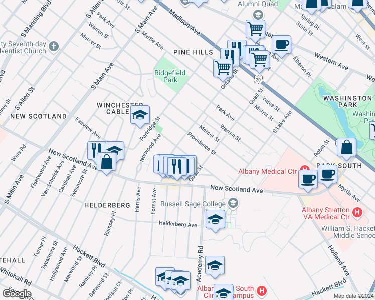 map of restaurants, bars, coffee shops, grocery stores, and more near 117 Woodlawn Avenue in Albany