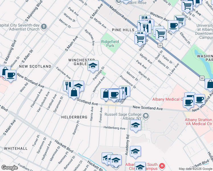 map of restaurants, bars, coffee shops, grocery stores, and more near 441 Ontario Street in Albany