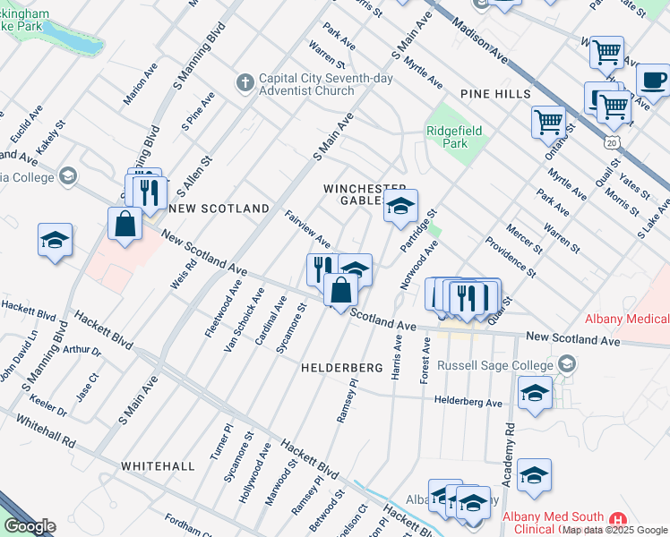map of restaurants, bars, coffee shops, grocery stores, and more near 15 West Erie Street in Albany