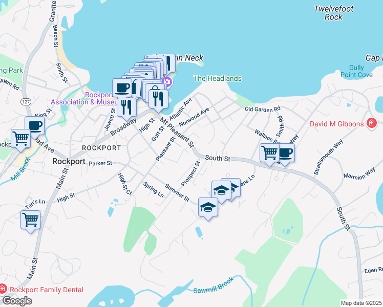 map of restaurants, bars, coffee shops, grocery stores, and more near 61 Mount Pleasant Street in Rockport
