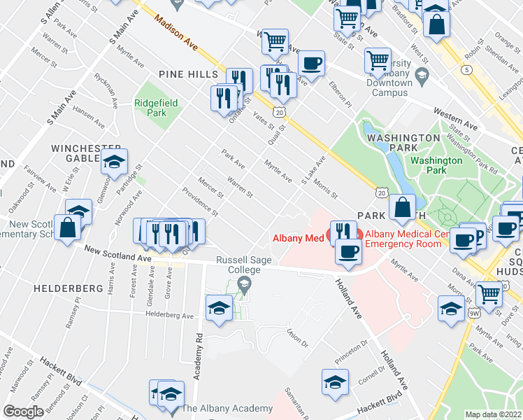 map of restaurants, bars, coffee shops, grocery stores, and more near 520 Warren Street in Albany