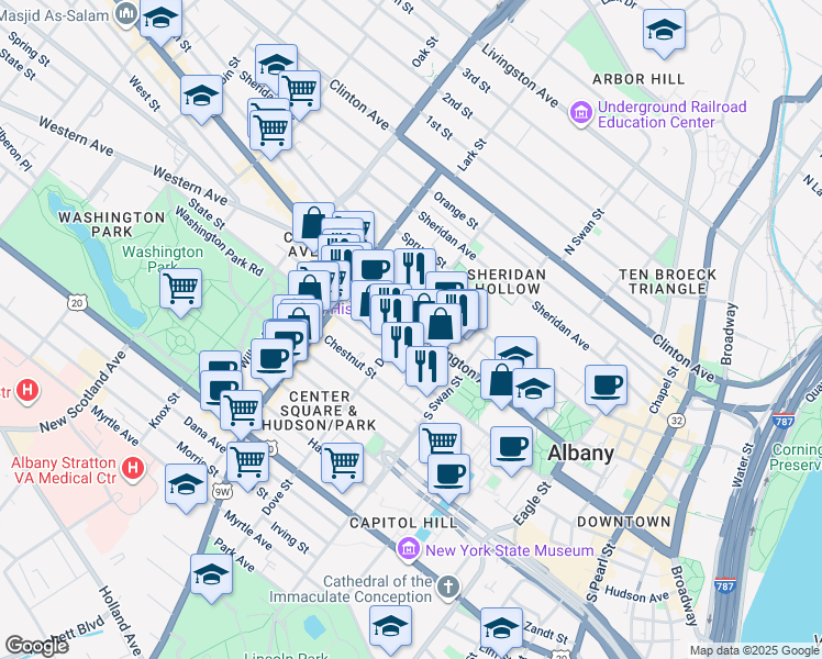 map of restaurants, bars, coffee shops, grocery stores, and more near 150 New York 5 in Albany