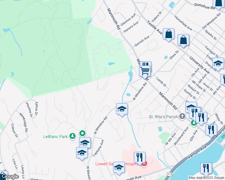 map of restaurants, bars, coffee shops, grocery stores, and more near 181 West Meadow Road in Lowell