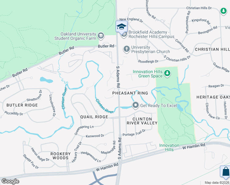 map of restaurants, bars, coffee shops, grocery stores, and more near 1653 Riverside Drive in Rochester Hills