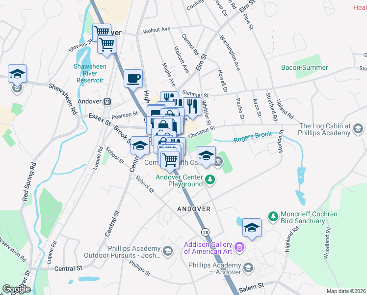 map of restaurants, bars, coffee shops, grocery stores, and more near 23 Bartlet Street in Andover