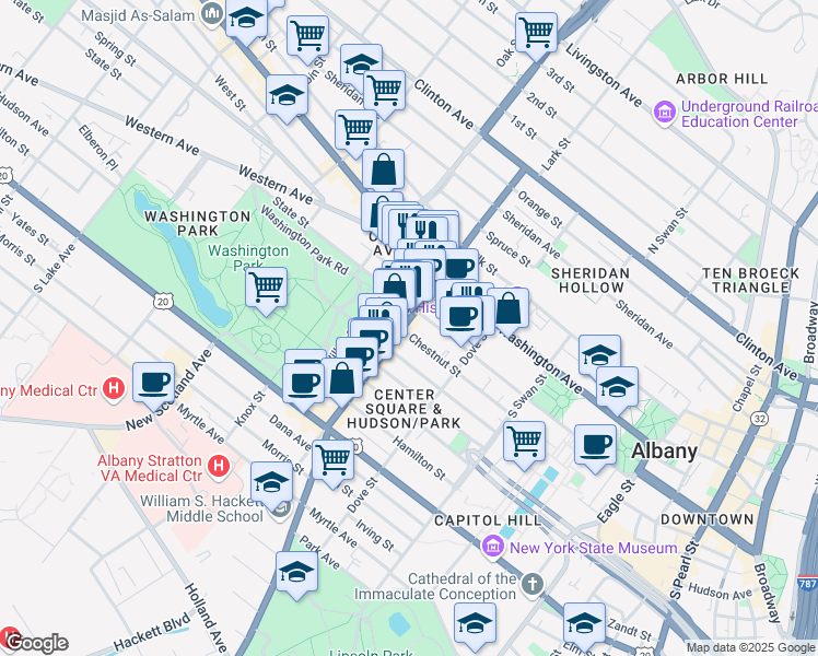 map of restaurants, bars, coffee shops, grocery stores, and more near 224 Lark Street in Albany
