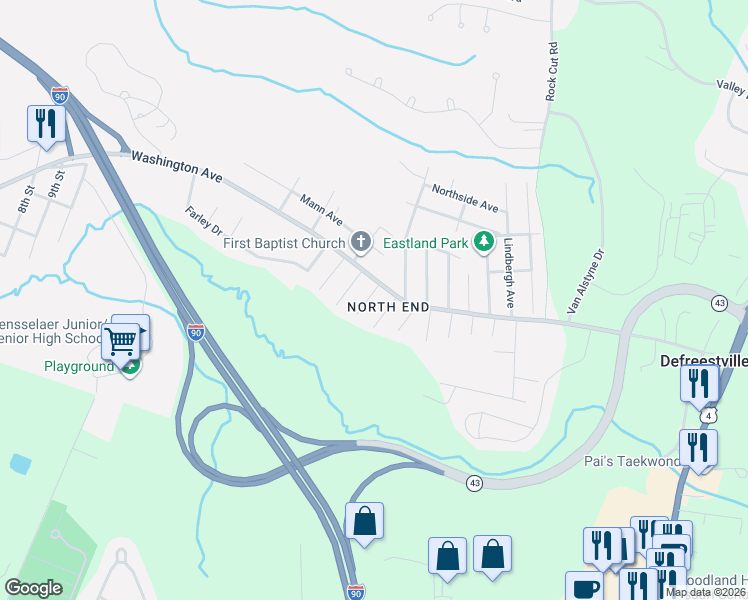 map of restaurants, bars, coffee shops, grocery stores, and more near 1108 Washington Avenue in Rensselaer