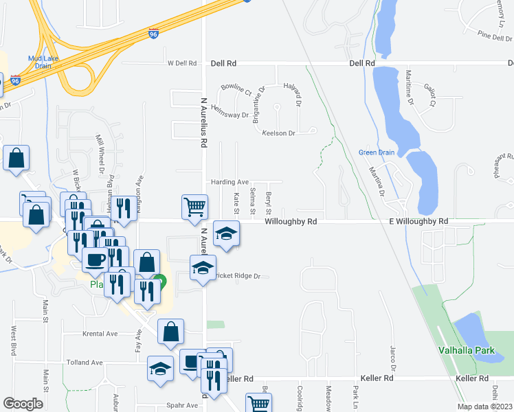map of restaurants, bars, coffee shops, grocery stores, and more near 2524 Selma Street in Delhi charter Township