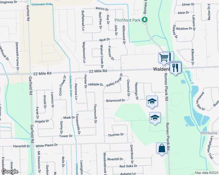 map of restaurants, bars, coffee shops, grocery stores, and more near 48748 Valley Forge Dr in Macomb