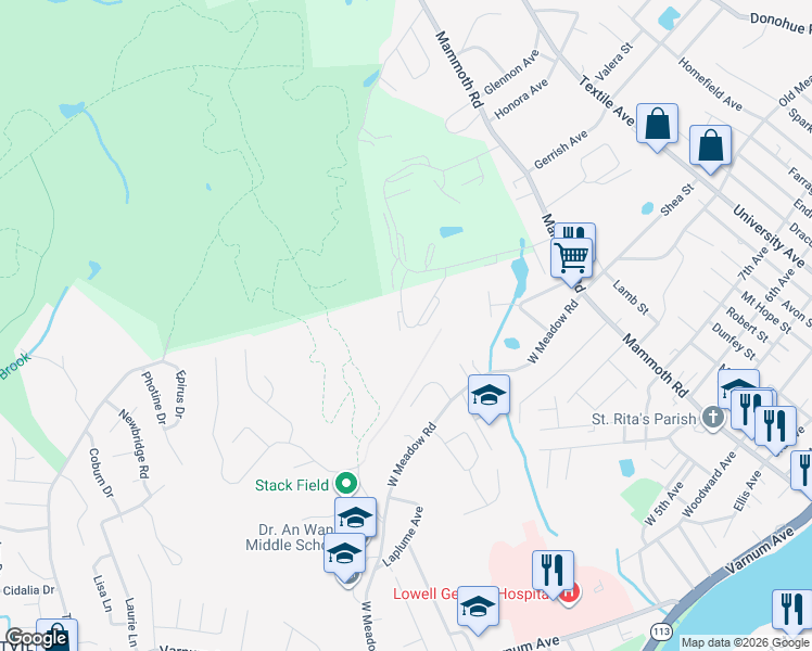map of restaurants, bars, coffee shops, grocery stores, and more near 2405 Skyline Drive in Lowell