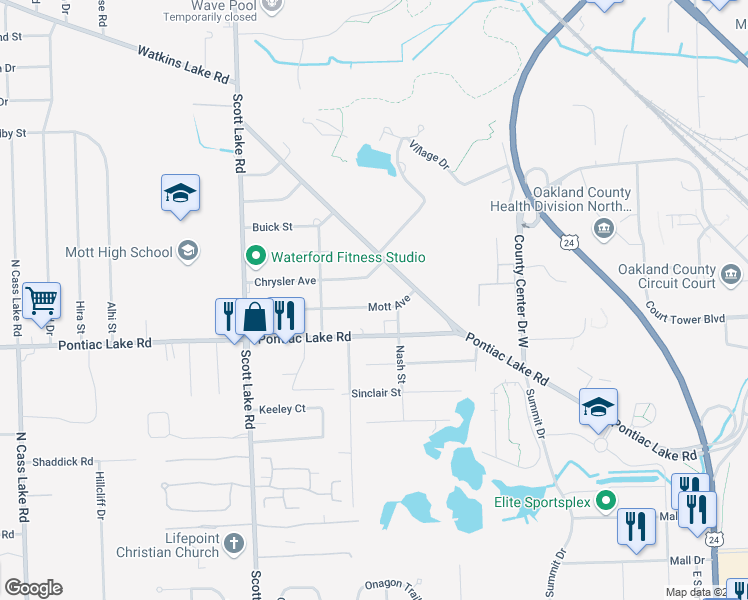 map of restaurants, bars, coffee shops, grocery stores, and more near 2712 Mott Avenue in Waterford Township