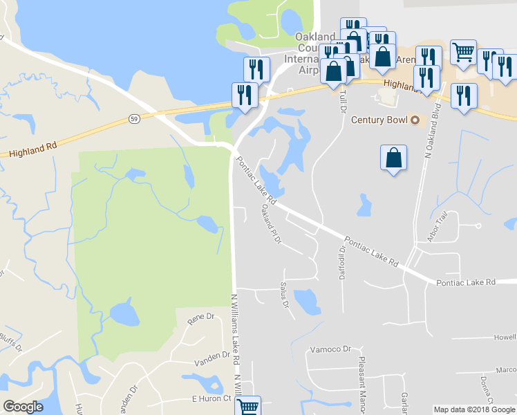 map of restaurants, bars, coffee shops, grocery stores, and more near 7847 Oakland Place Drive in Waterford Township