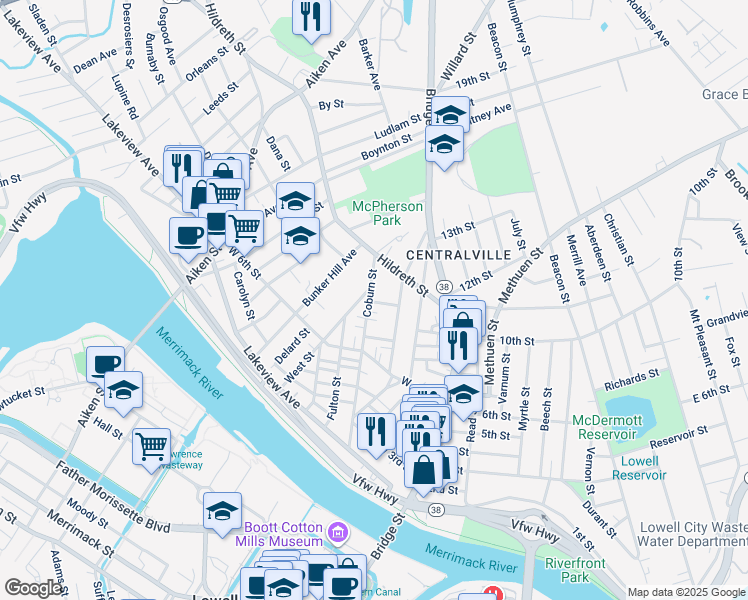 map of restaurants, bars, coffee shops, grocery stores, and more near 173 Coburn Street in Lowell
