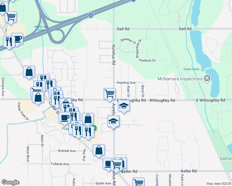 map of restaurants, bars, coffee shops, grocery stores, and more near 7035 North Aurelius Road in Lansing