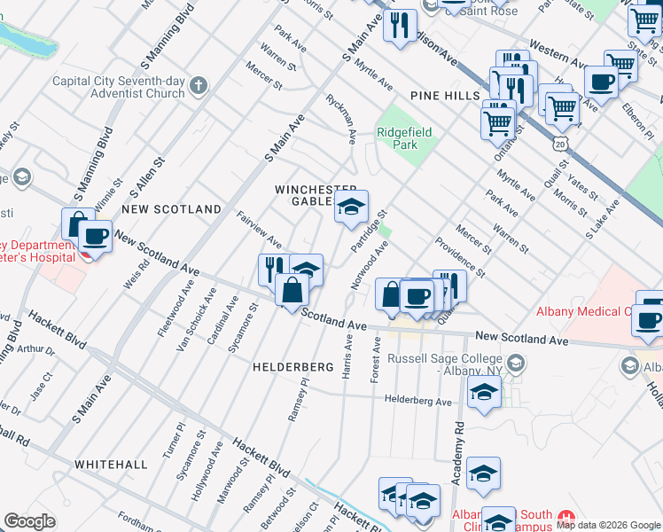 map of restaurants, bars, coffee shops, grocery stores, and more near 5 Fairview Avenue in Albany