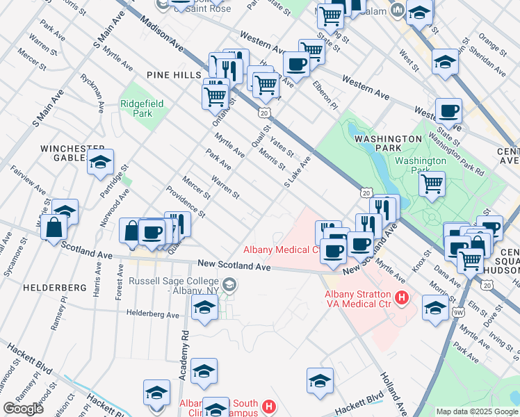 map of restaurants, bars, coffee shops, grocery stores, and more near 131 South Lake Avenue in Albany