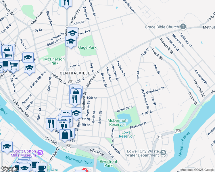 map of restaurants, bars, coffee shops, grocery stores, and more near 10 Beacon Street in Lowell