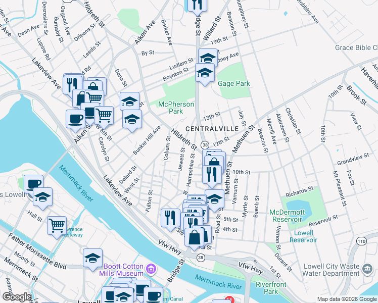 map of restaurants, bars, coffee shops, grocery stores, and more near 50 Hampshire Street in Lowell