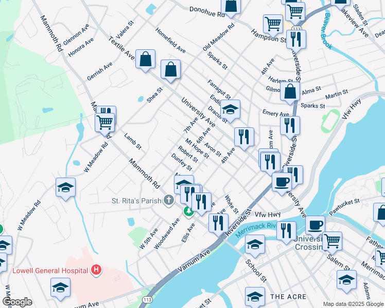 map of restaurants, bars, coffee shops, grocery stores, and more near 216 Mount Hope Street in Lowell