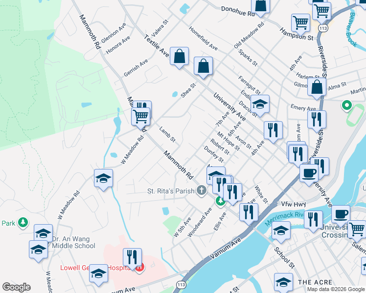 map of restaurants, bars, coffee shops, grocery stores, and more near 22 Beatrice Avenue in Lowell