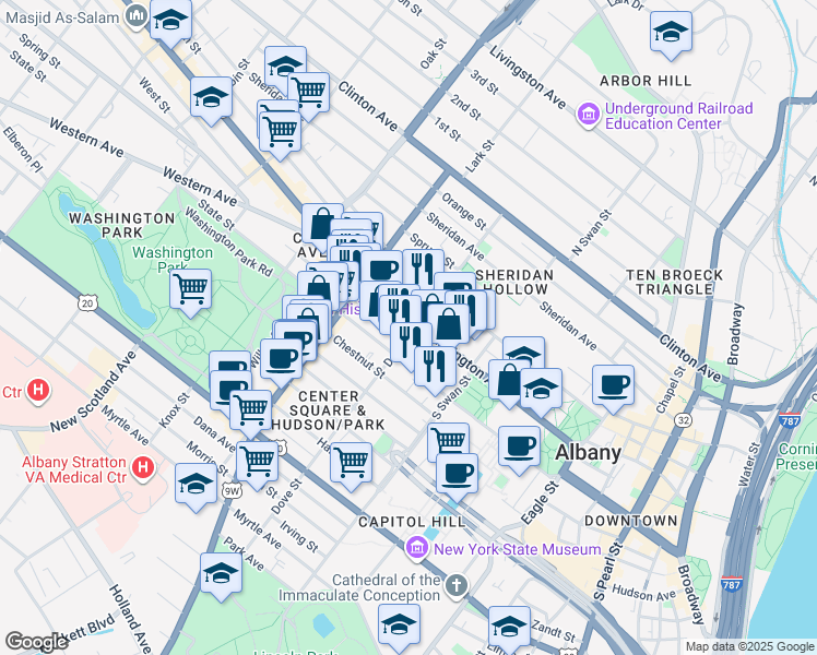 map of restaurants, bars, coffee shops, grocery stores, and more near 150 New York 5 in Albany