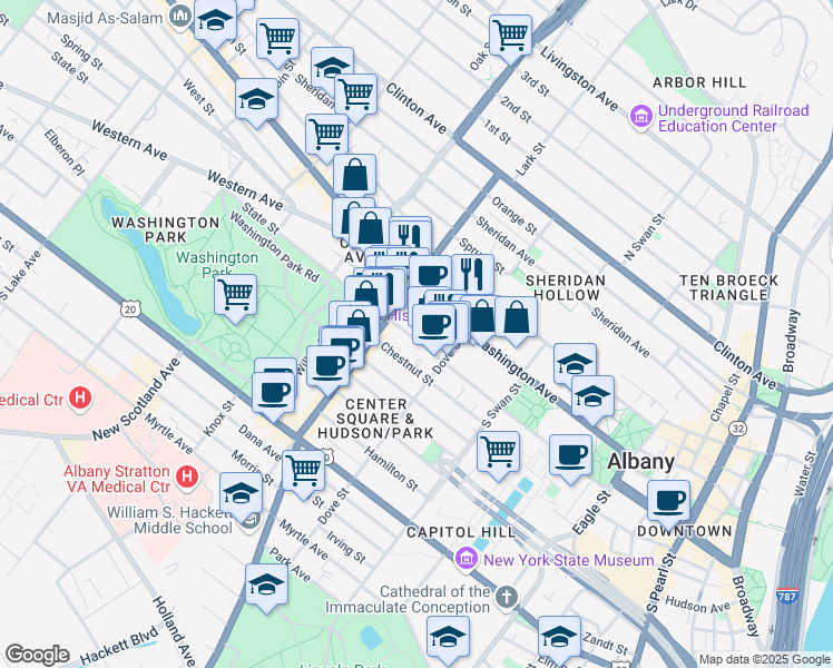 map of restaurants, bars, coffee shops, grocery stores, and more near 18 Spring Street in Albany