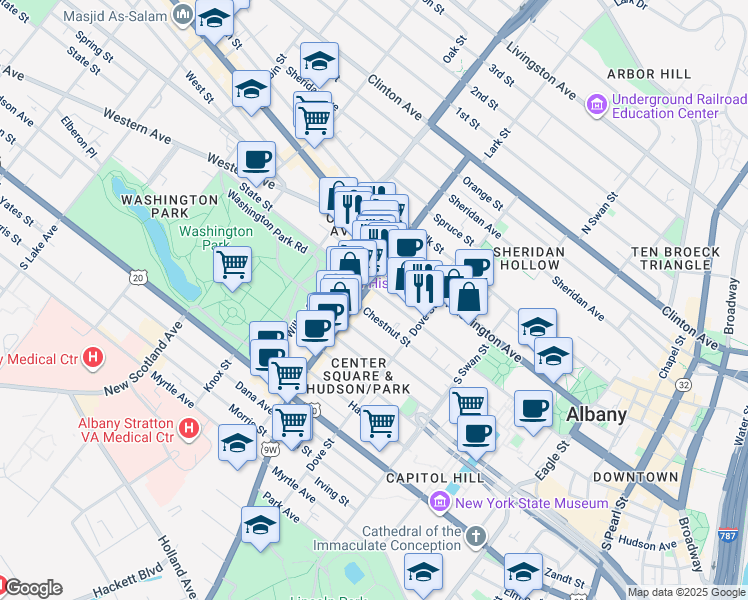 map of restaurants, bars, coffee shops, grocery stores, and more near 342 State Street in Albany