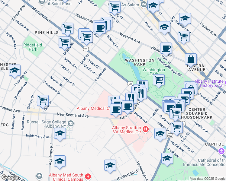 map of restaurants, bars, coffee shops, grocery stores, and more near 229 Morris Street in Albany