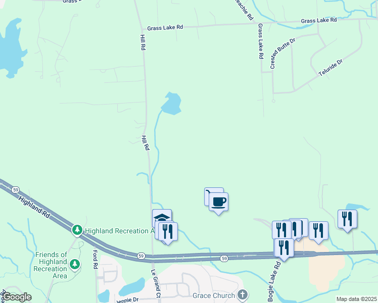 map of restaurants, bars, coffee shops, grocery stores, and more near 1850 Hill Road in White Lake Township