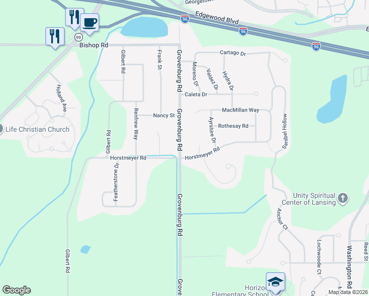 map of restaurants, bars, coffee shops, grocery stores, and more near 2520 Grovenburg Road in Lansing