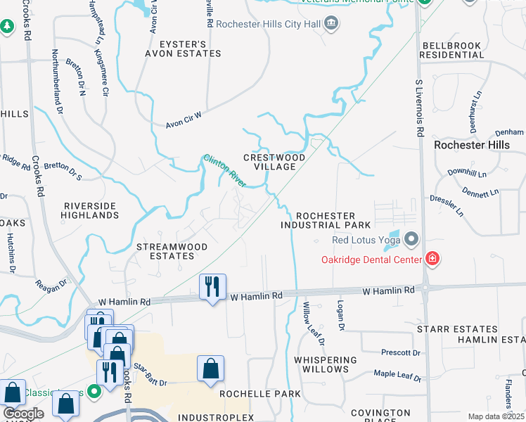 map of restaurants, bars, coffee shops, grocery stores, and more near 1606 Rivers Edge in Rochester Hills