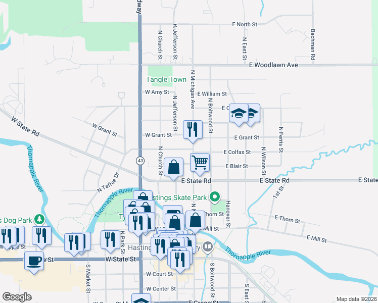 map of restaurants, bars, coffee shops, grocery stores, and more near 736 North Michigan Avenue in Hastings