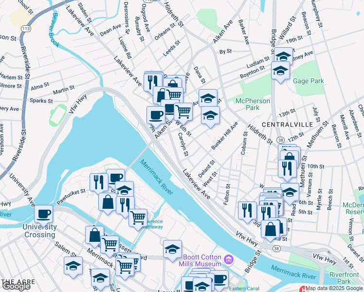 map of restaurants, bars, coffee shops, grocery stores, and more near 60 Carolyn Street in Lowell