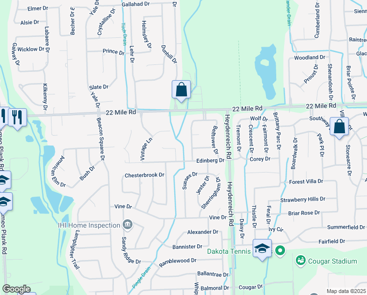 map of restaurants, bars, coffee shops, grocery stores, and more near 20241 Newcastle Court in Macomb