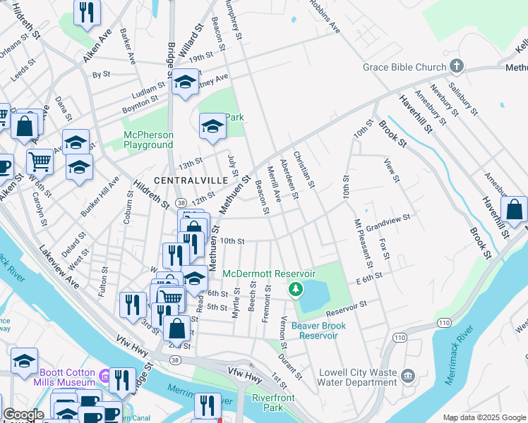 map of restaurants, bars, coffee shops, grocery stores, and more near 10 Beacon Street in Lowell