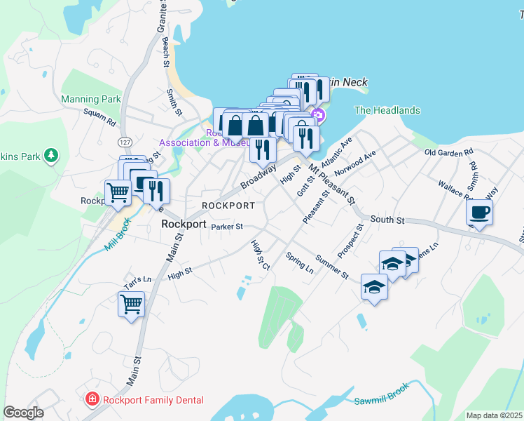 map of restaurants, bars, coffee shops, grocery stores, and more near 32 High Street in Rockport