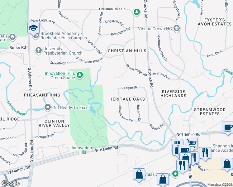 map of restaurants, bars, coffee shops, grocery stores, and more near 2189 Clinton View Circle in Rochester Hills