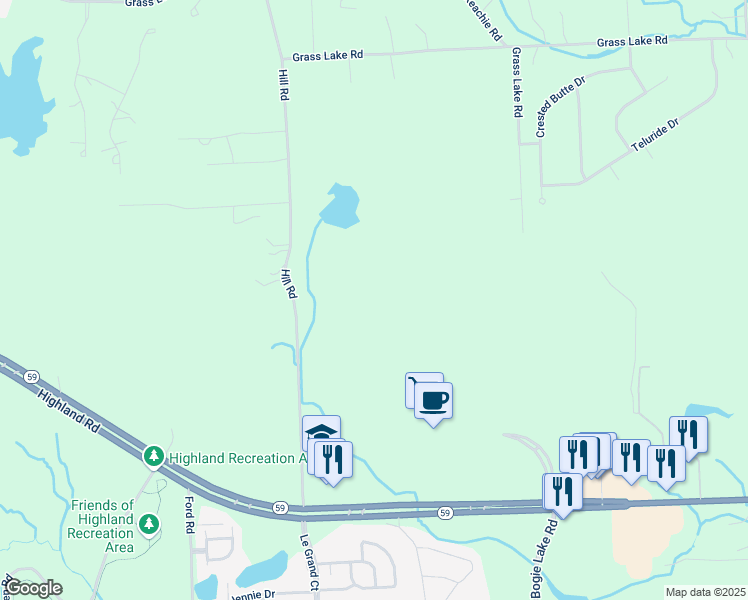 map of restaurants, bars, coffee shops, grocery stores, and more near 1850 Hill Road in White Lake Township