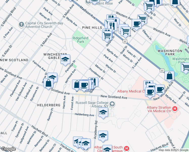 map of restaurants, bars, coffee shops, grocery stores, and more near 615 Providence Street in Albany