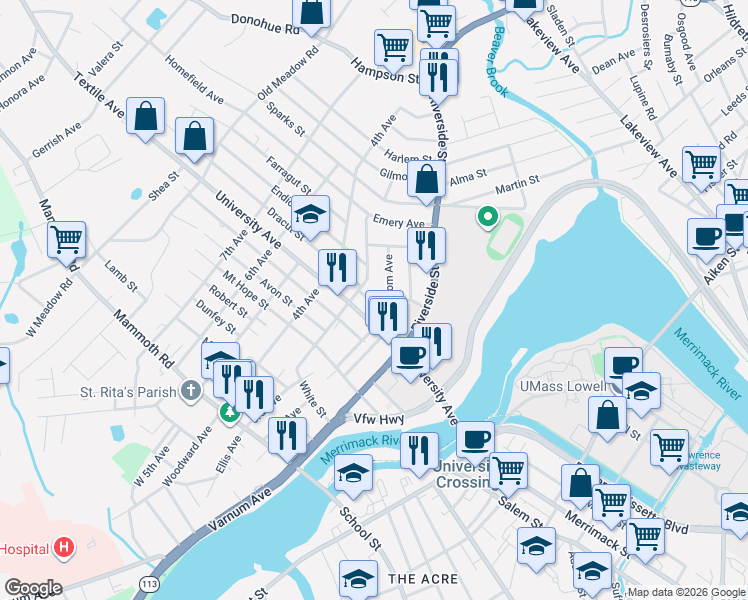 map of restaurants, bars, coffee shops, grocery stores, and more near 57 Woodcock Street in Lowell
