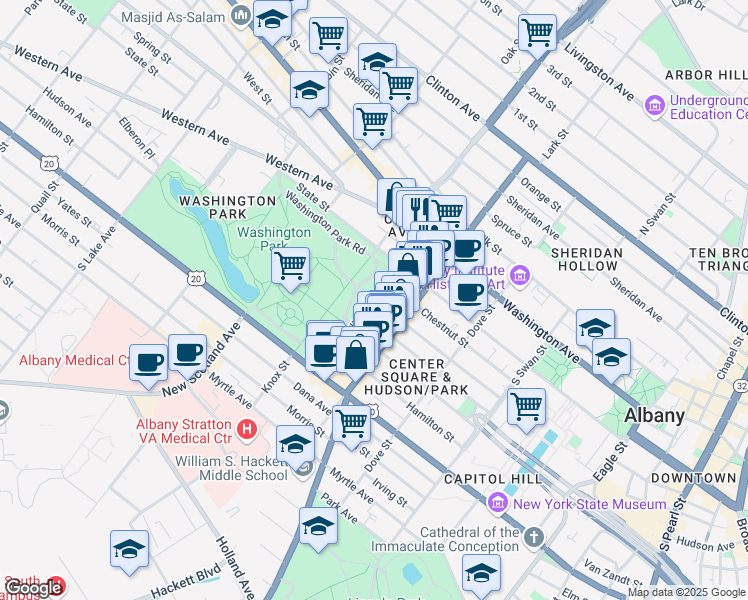 map of restaurants, bars, coffee shops, grocery stores, and more near Lancaster Street & Willett Street in Albany