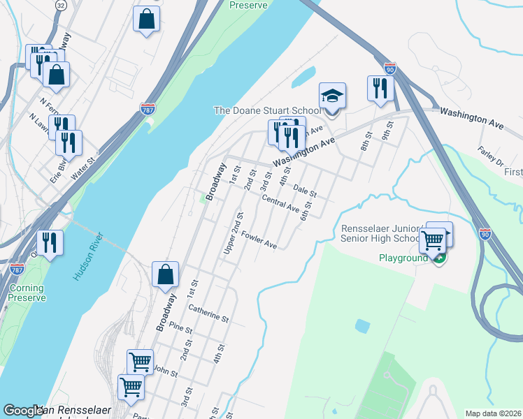 map of restaurants, bars, coffee shops, grocery stores, and more near 1579 4th Street in Rensselaer