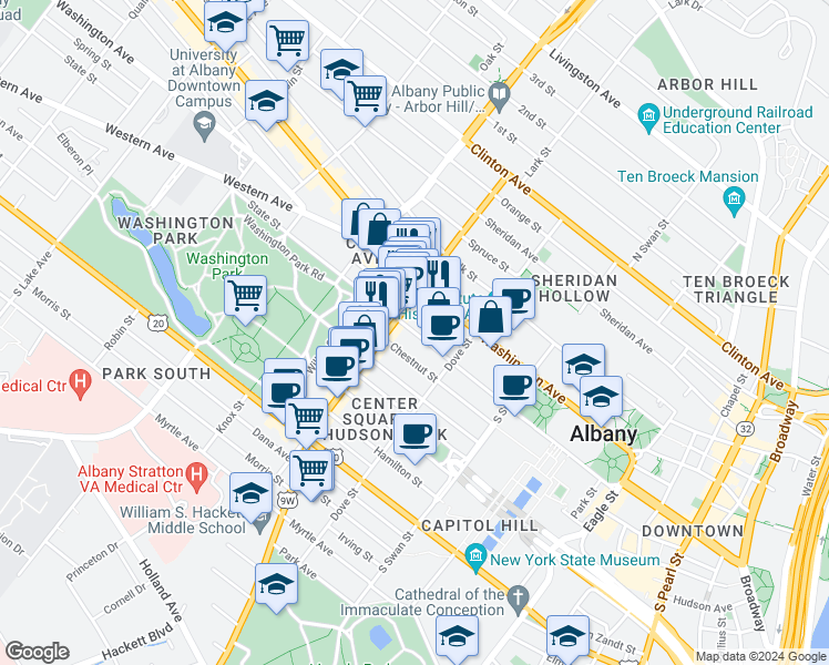 map of restaurants, bars, coffee shops, grocery stores, and more near 332 State Street in Albany