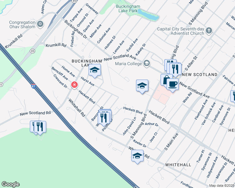 map of restaurants, bars, coffee shops, grocery stores, and more near 99 Hurst Avenue in Albany