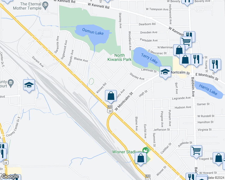 map of restaurants, bars, coffee shops, grocery stores, and more near 722 Corwin Avenue in Pontiac