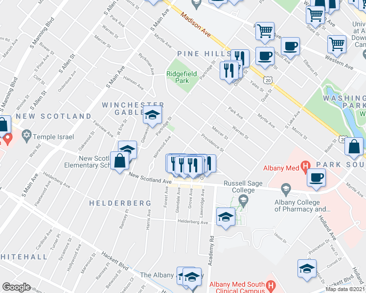 map of restaurants, bars, coffee shops, grocery stores, and more near 441 Ontario Street in Albany