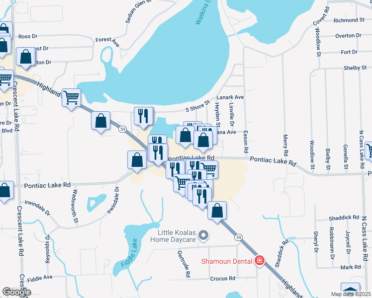 map of restaurants, bars, coffee shops, grocery stores, and more near 4240 Pontiac Lake Road in Waterford Township