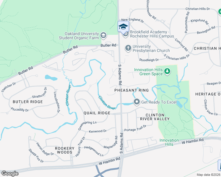 map of restaurants, bars, coffee shops, grocery stores, and more near 1615 Stoneybrook Drive in Rochester Hills
